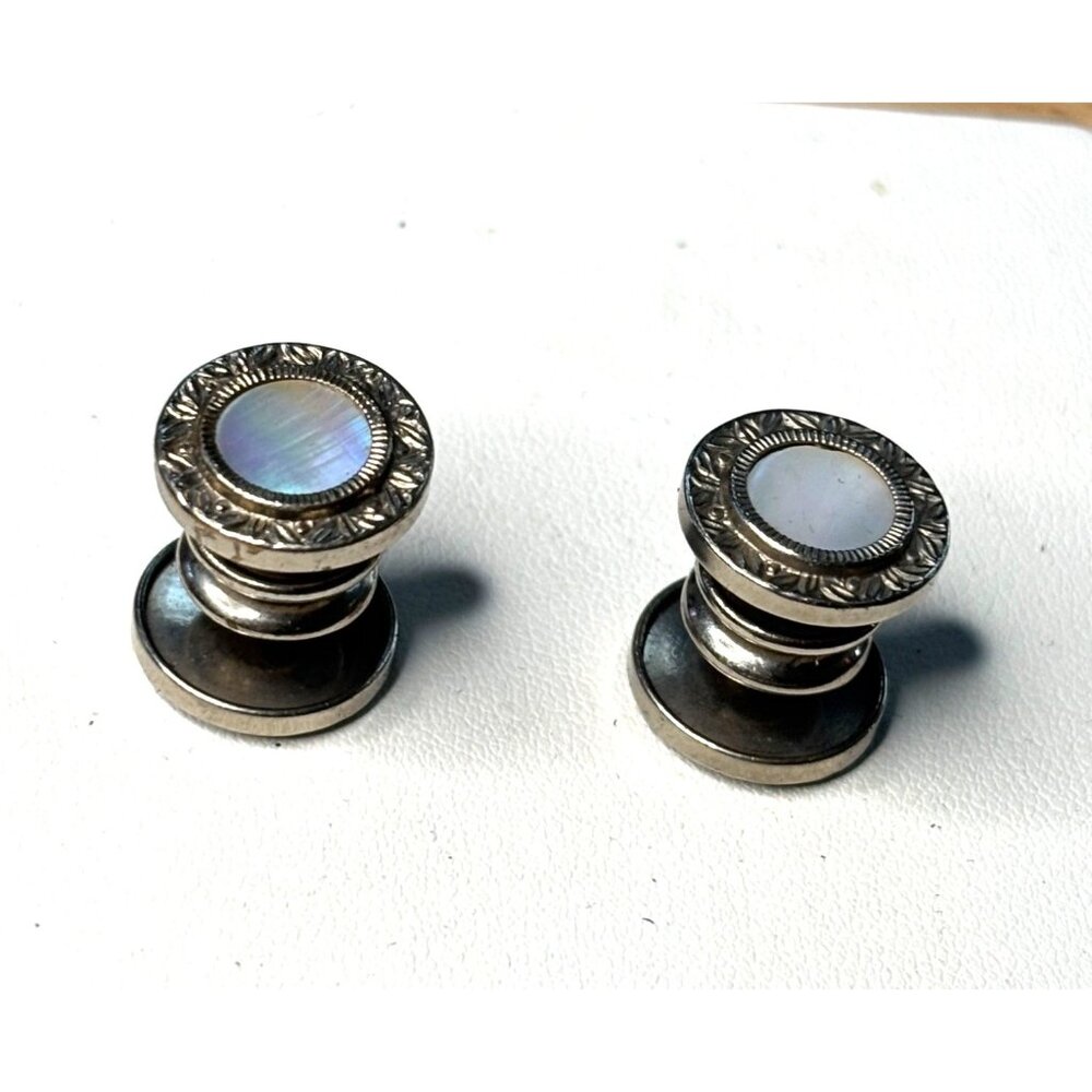 Antique Silver Tone & Mother Of Pearl Cufflinks With Ornate Design